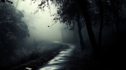 Wet forest pathway curving into dense fog at night.