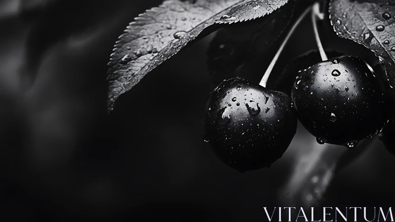 Black cherries glisten under raindrops in moody monochrome.