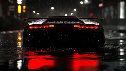 Low rear view of supercar on wet neon city street at night.