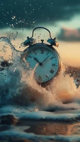 Analog alarm clock submerged in dynamic ocean surf at sunset