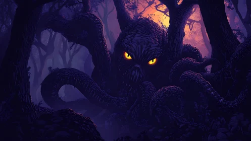 Bioluminescent forest entity with tentacular limbs and backlit canopy glow