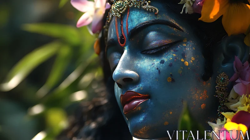 Divine blue portrait glows with floral gold shimmer.