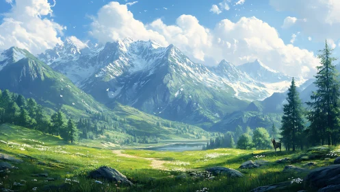 Mountain valley landscape with snow peaks and lake vista.