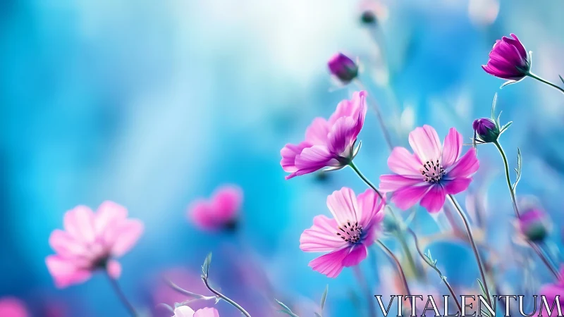 Digital painting of cosmos blossoms in shallow-focus bokeh field.