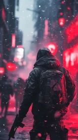 Armed hooded figure in neon snowlit cyberpunk alleyway.