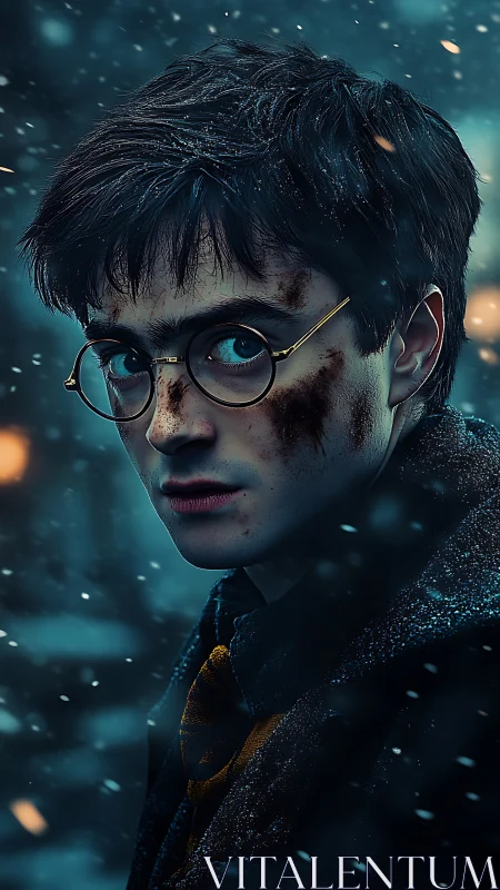 Brooding young man in snow with glasses and dirt marks.