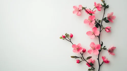 Pink blossoms branch arranged against white minimal background.