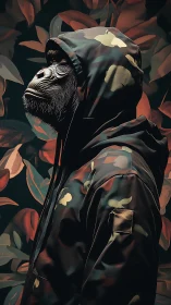 Streetwise chimp in camo hoodie amid jungle shadows.