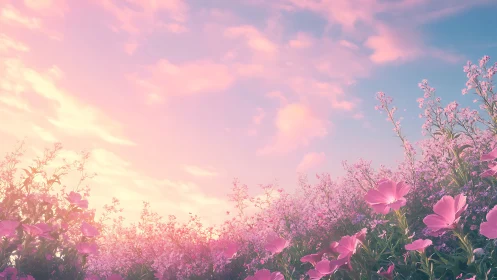 Golden Hour Among Blooming Pink Flowers and Sky.