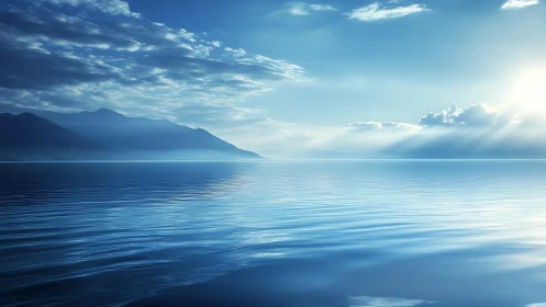 Sunlit blue seascape with distant misty mountains panorama.