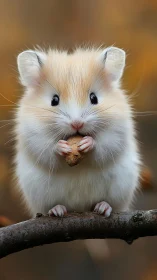Soft little hamster pauses on a branch with a tiny snack