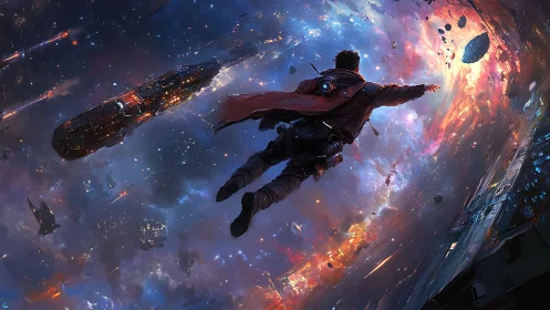 Space-suited pilot free-falls toward luminous wormhole vortex