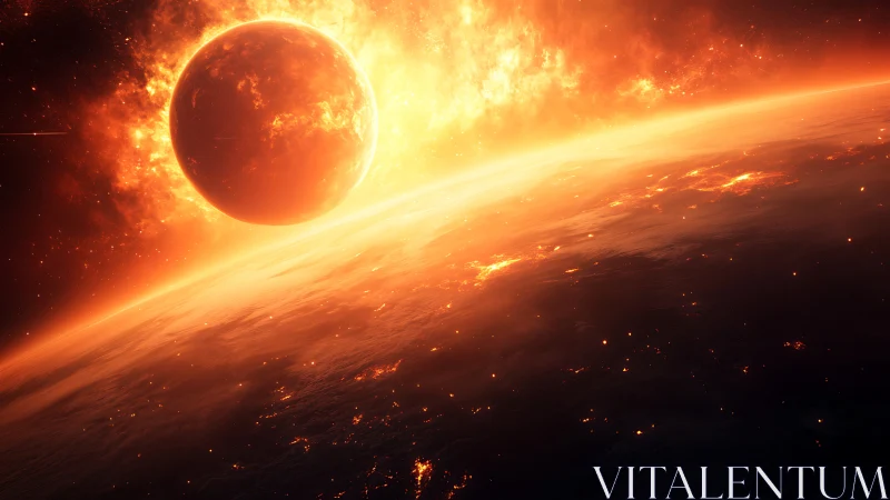 Fiery planet passes a blazing sun over scorched horizon.