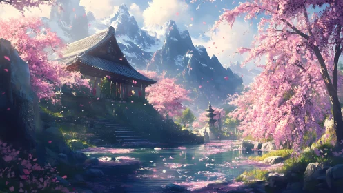 Serene mountain temple embraces cherry blossoms in bloom.