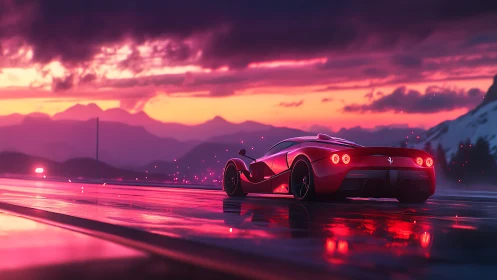Red sports car on wet highway at vivid sunset landscape.