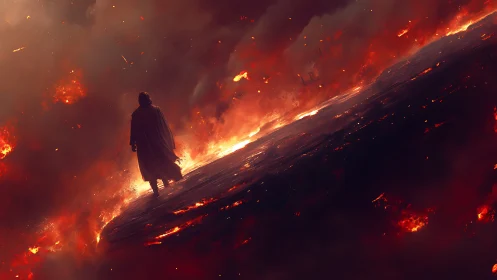 Lone cloaked wanderer strides across a collapsing fire world
