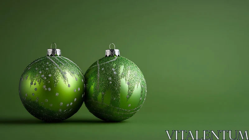 Highly reflective green baubles with glittered surface detail