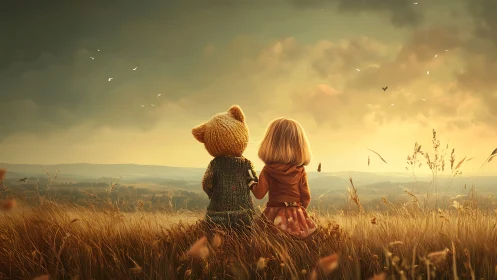 Child and Teddy Bear Silhouetted Against Golden Hour Landscape.