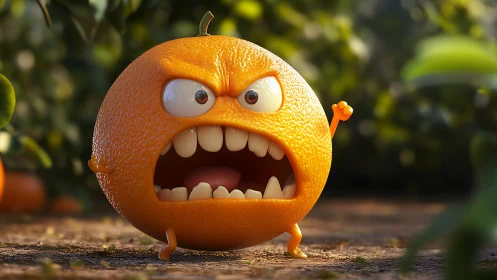 Angry cartoon orange character shouts on a sunlit orchard floor