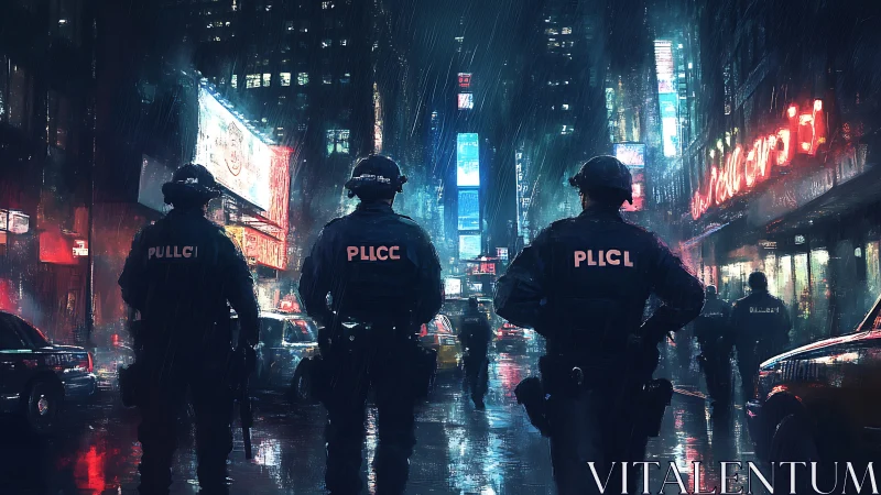 Night police patrol moves through neon soaked city streets