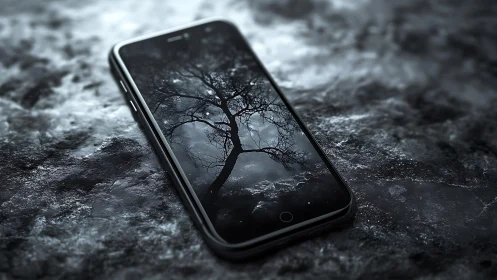 Smartphone lies on textured surface with tree image display