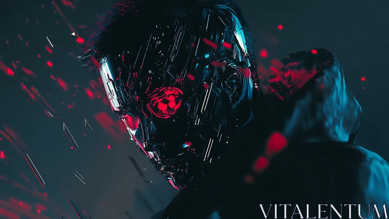 Mysterious cyber figure glowing with bold neon red light.