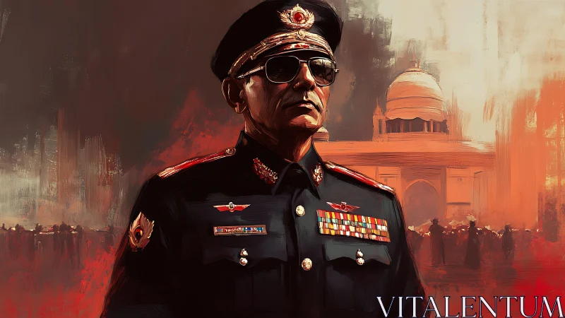 Imposing general in dress uniform before domed palace.