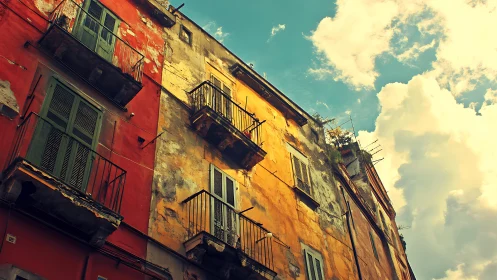 Weathered multi-storey facade with balconies under daylight
