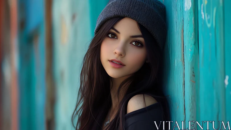 Young woman in beanie leaning on teal wooden wall portrait.