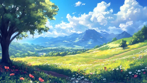 Luminous alpine meadow landscape in stylized digital painting.