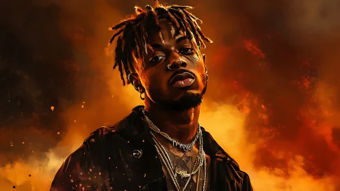 Digital portrait of male figure with warm abstract backdrop.