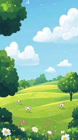 Idyllic stylized pasture landscape with cows under cumulus sky