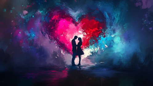 Silhouetted Couple Kissing Against Glowing Heart Shape