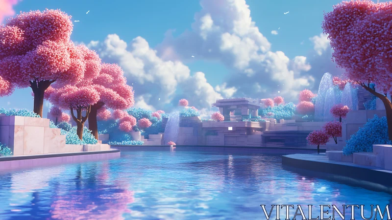 Synthetic waterside garden with pastel trees and fountains.