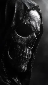 Hooded skeletal visage in high-contrast photoreal render.