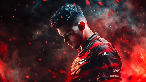 Esports player in profile stands amid red glowing particles