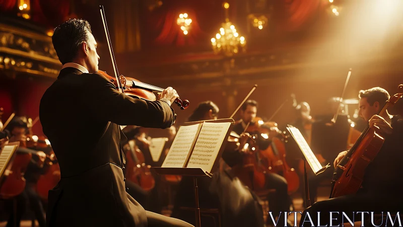 Professional symphony orchestra performing in warm light.