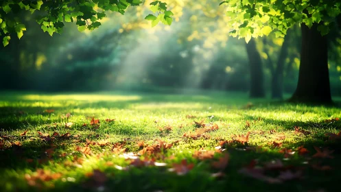Sunlit leaves whisper quietly across a glowing park floor