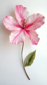 Macro closeup of single pink hibiscus flower on white background