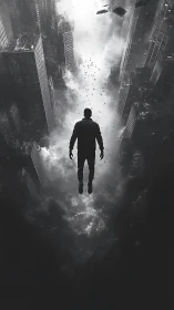Monochrome levitating figure in rotational urban voidscape.