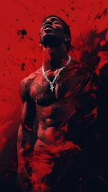 Torso rises through crimson splatter, lit by silver chain.