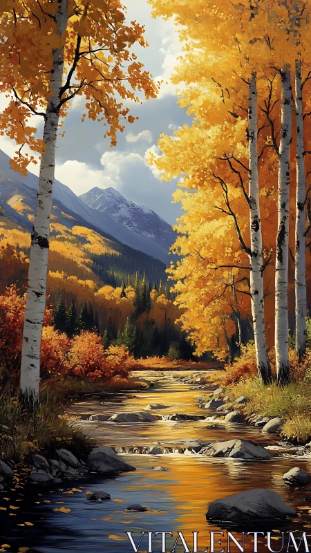 Vertical autumn river valley with luminous aspens, digital painting.