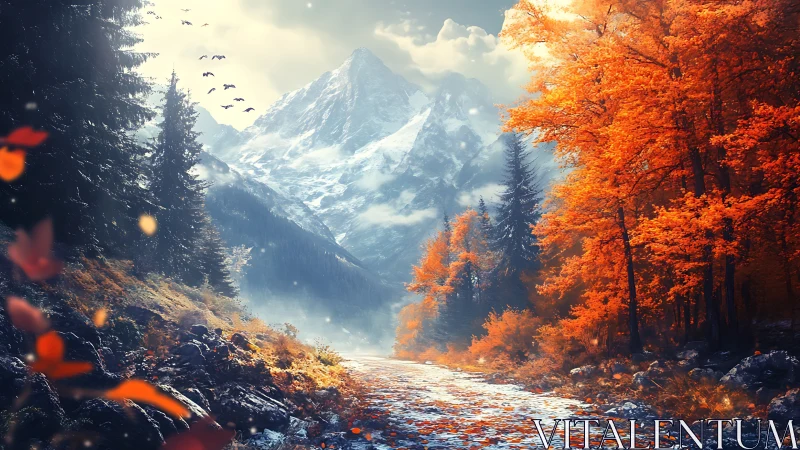 Autumn forest trail leading toward snowy mountain peaks.