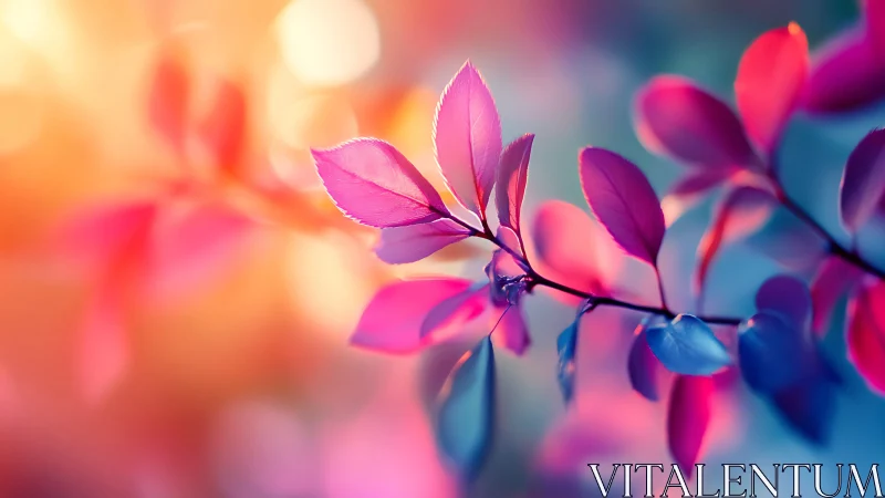 Prismatic leaves glow against a dream-soft sunset bokeh sky.