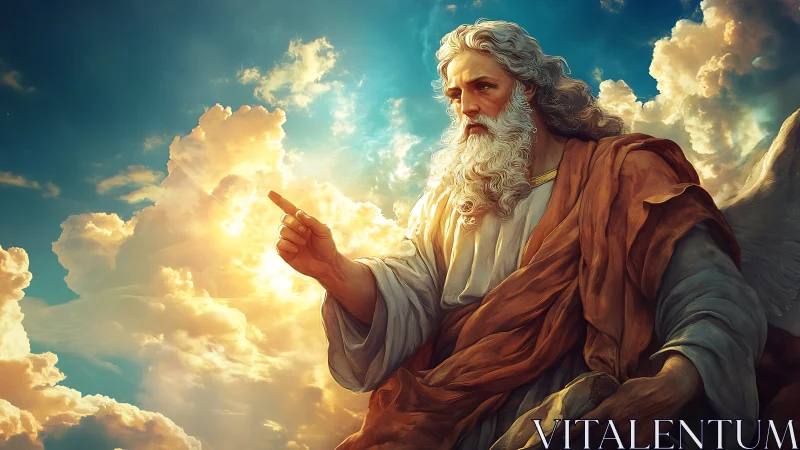 Majestic bearded deity commands light across radiant skies