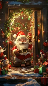 Cheerful stylized Santa stands in glowing, gift-filled doorway