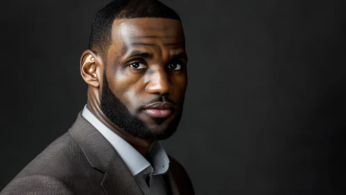 Portrait of confident man in suit against dark backdrop.