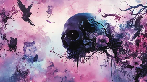 Violet nebula skull with ravens and blooming florals.