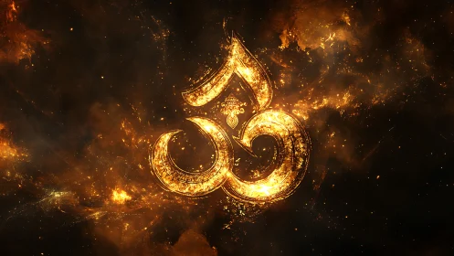 Glowing golden Om symbol radiates spiritual cosmic energy