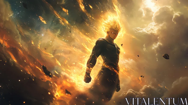 Celestial anime warrior rising through blazing cosmic storm.